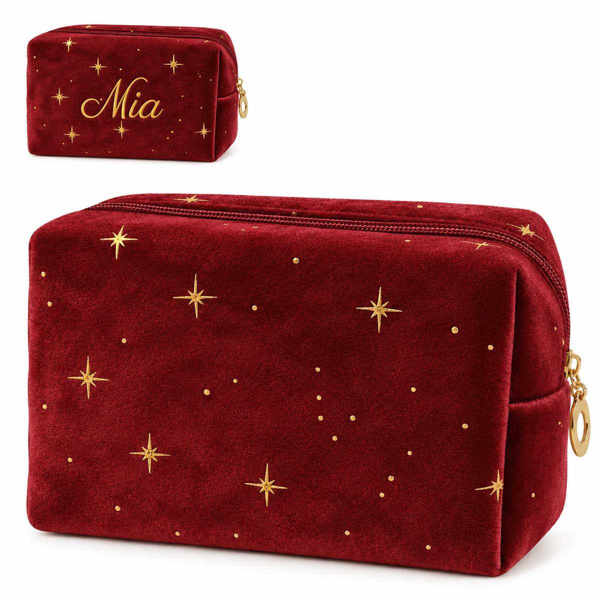 Burgundy star velvet makeup bag with gold stars, plus an inset showing example name Nia embroidered in gold. One makeup bag per order.
