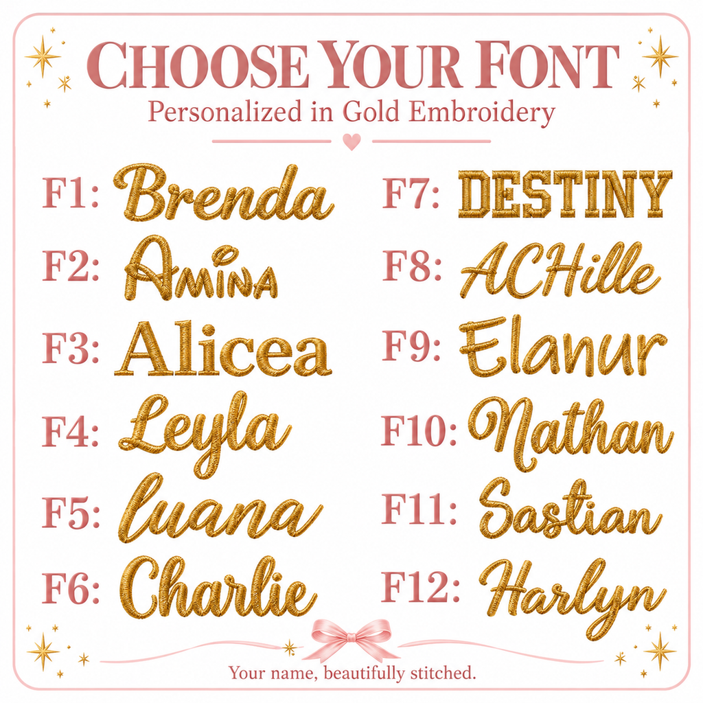 Personalized name embroidery font reference chart with twelve labeled font examples, F1 through F12.