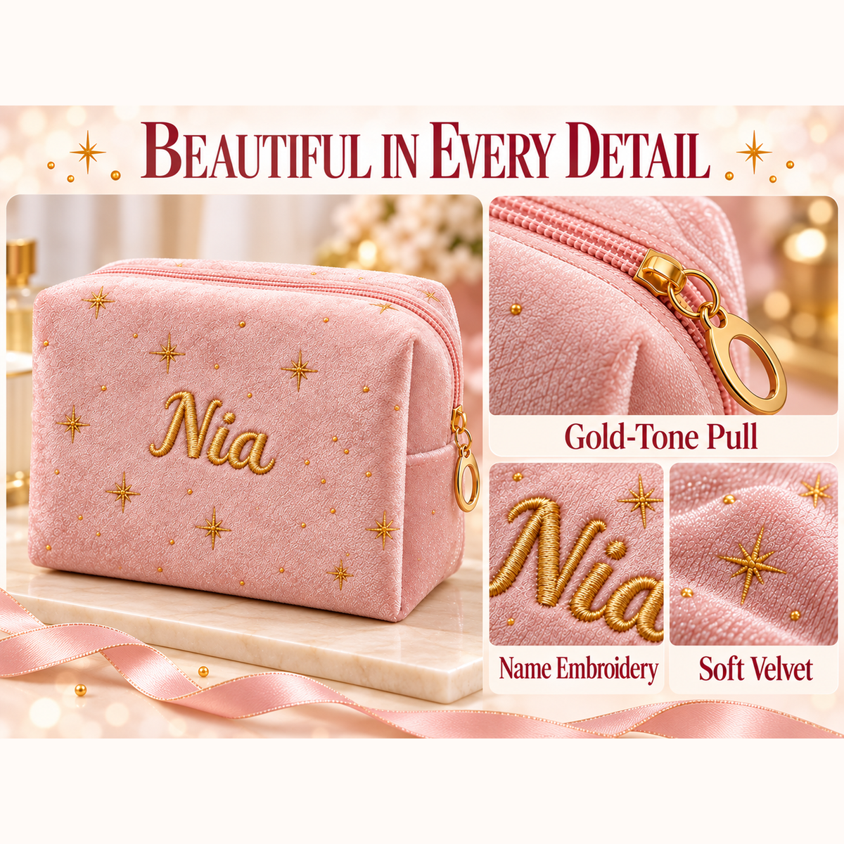 Blush pink Starlit Velvet Personalized Makeup Bag with example embroidered name Nia, showing the gold-tone zipper pull, name embroidery and soft velvet texture.