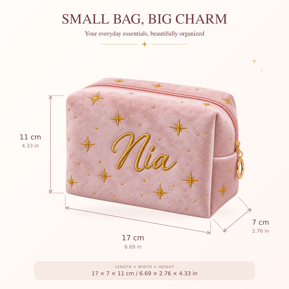 Blush pink Starlit Velvet Personalized Makeup Bag with gold stars and example name Mia. Size guide: length 17 cm (6.69 in), depth 7 cm (2.76 in), height 11 cm (4.33 in).