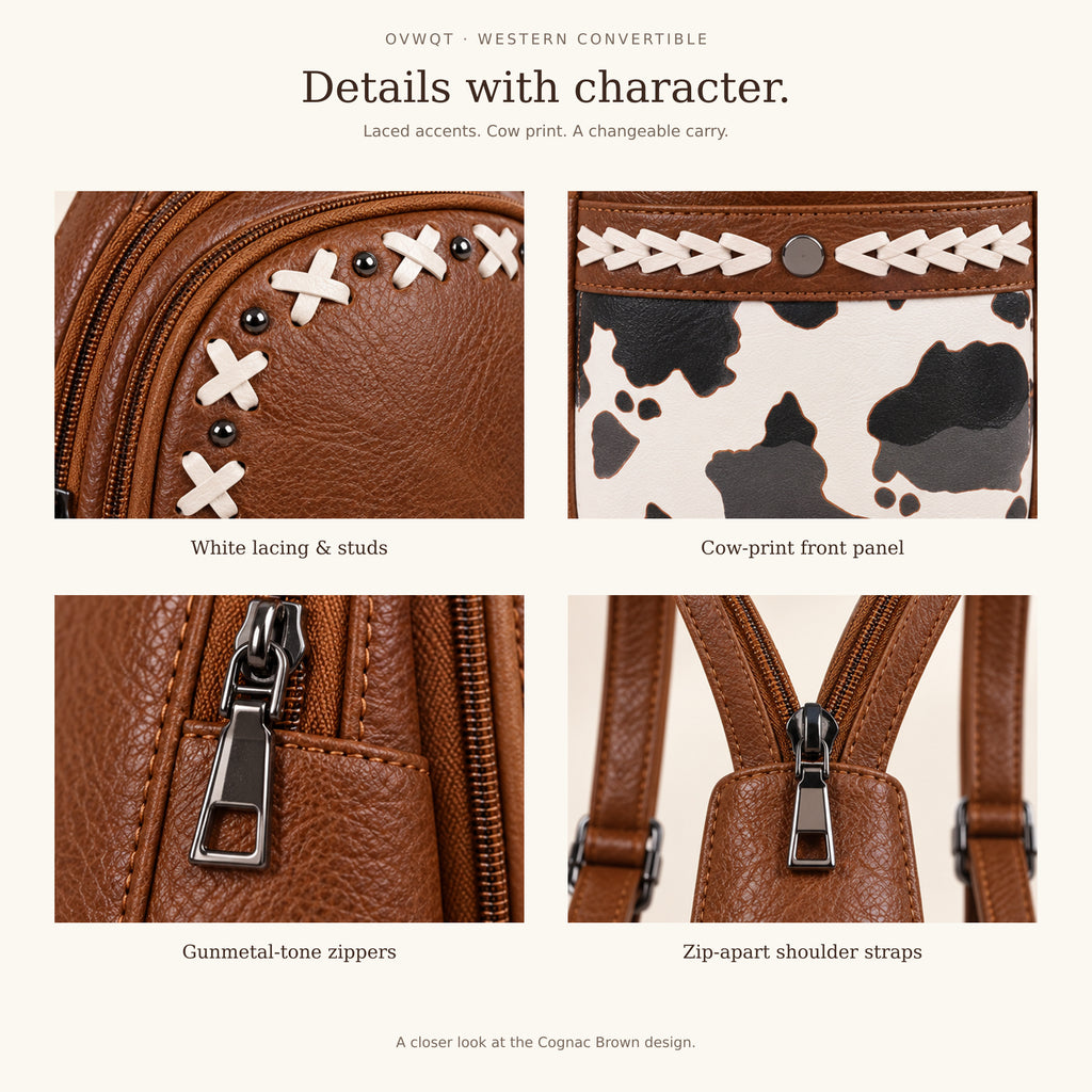 Details of white lacing and studs, cow-print front panel, gunmetal-tone zippers and zip-apart shoulder straps on the Cognac Brown bag.