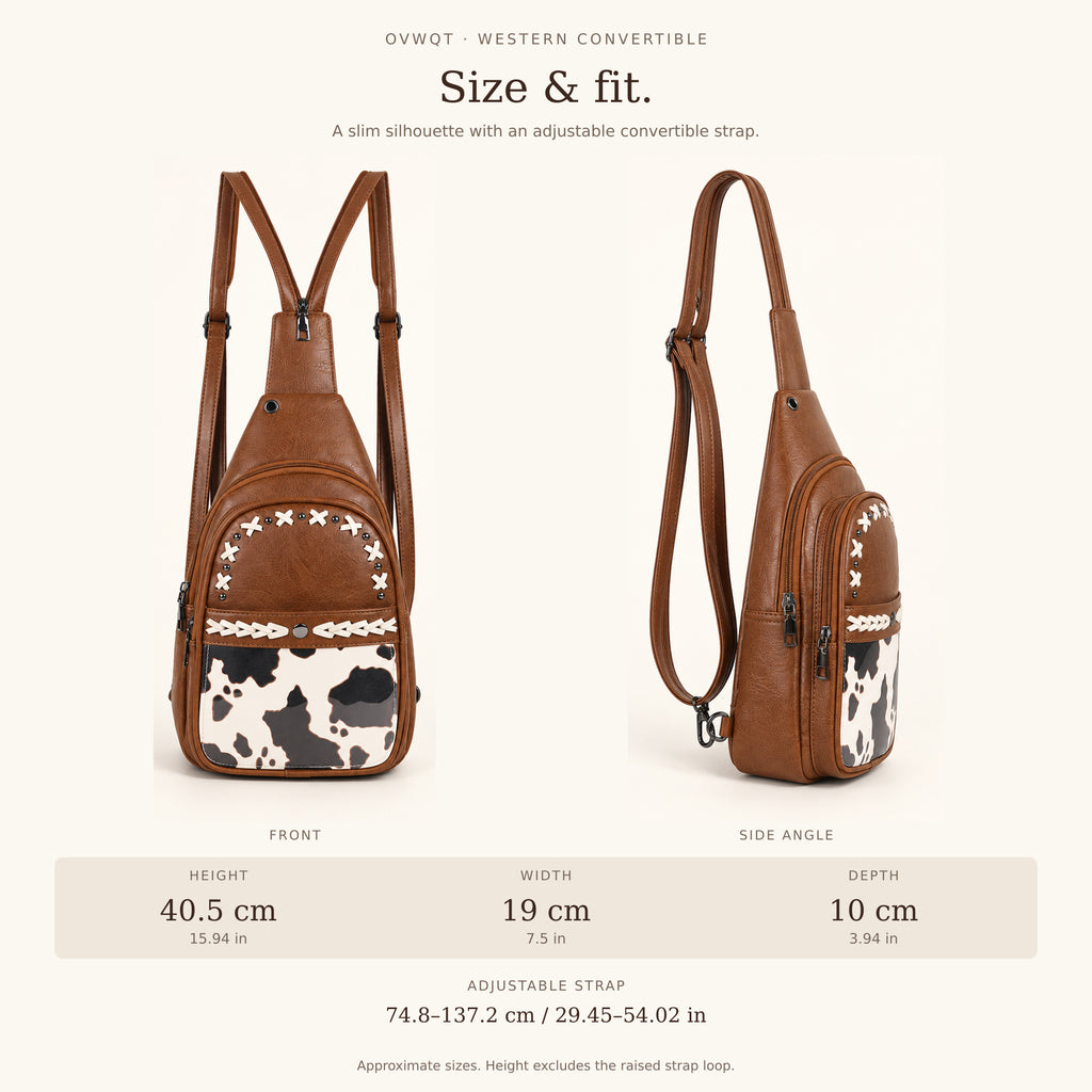 Size guide: bag height 40.5 cm excluding the raised strap loop, width 19 cm, depth 10 cm; adjustable strap approximately 74.8 to 137.2 cm.