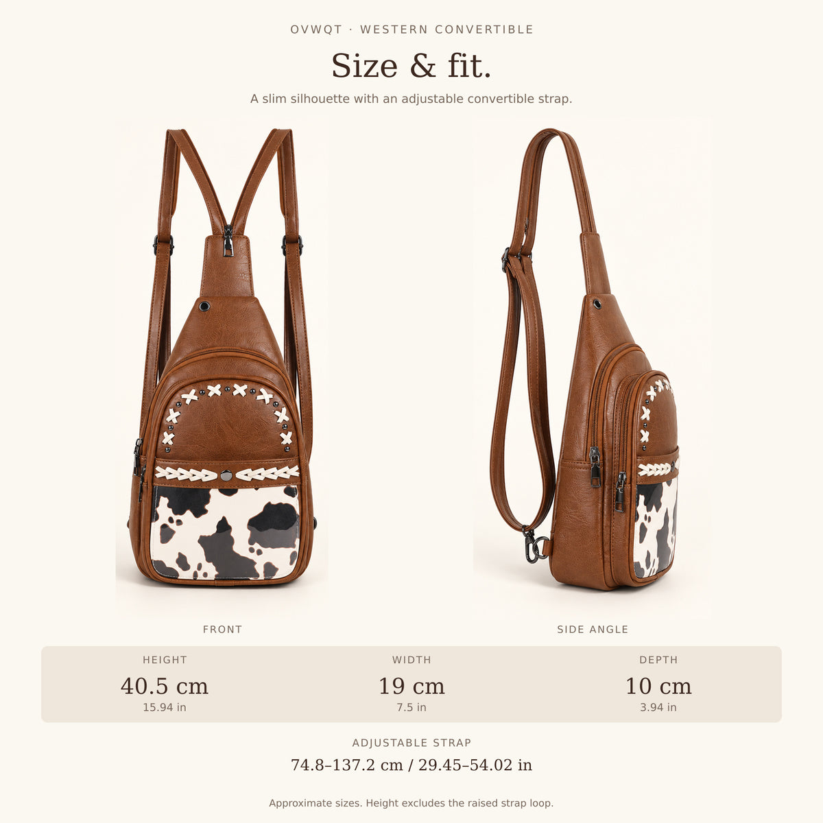 Size guide: bag height 40.5 cm excluding the raised strap loop, width 19 cm, depth 10 cm; adjustable strap approximately 74.8 to 137.2 cm.
