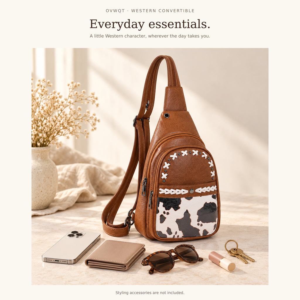 Cognac Brown convertible cow-print bag beside a phone, wallet, folded sunglasses, keys and lip balm. Styling accessories are not included.