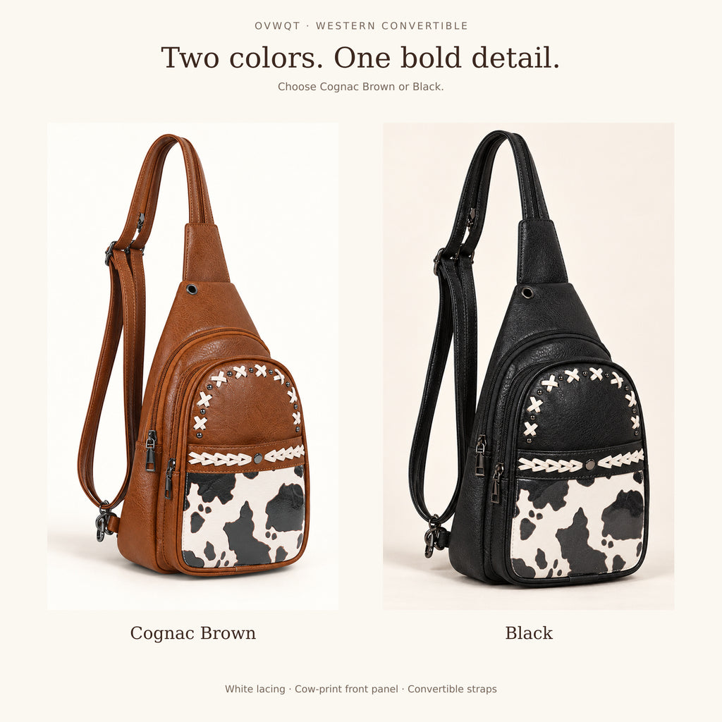 Two-color comparison of the convertible cow-print bag in Cognac Brown and Black.