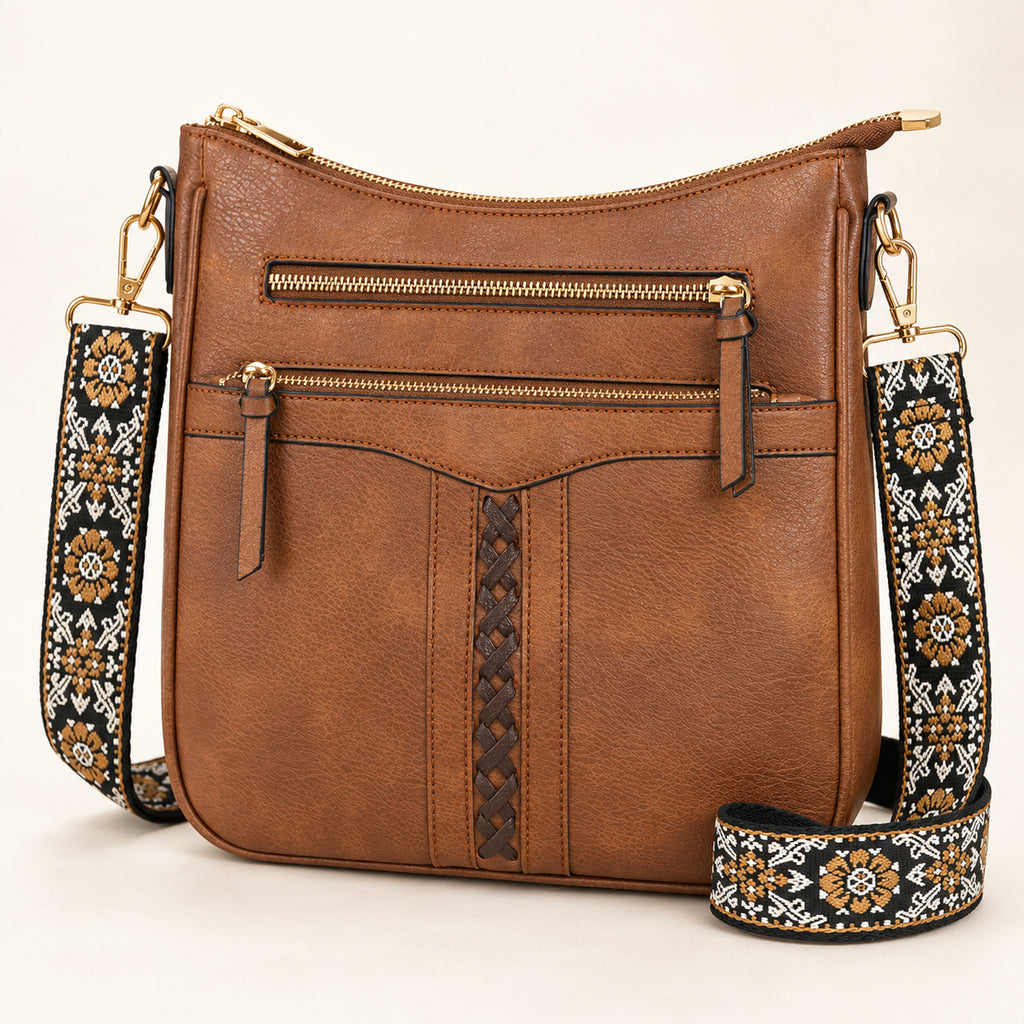 OVWQT Ramble Braided Crossbody Bag in Cognac Brown, front view with dark floral woven strap.
