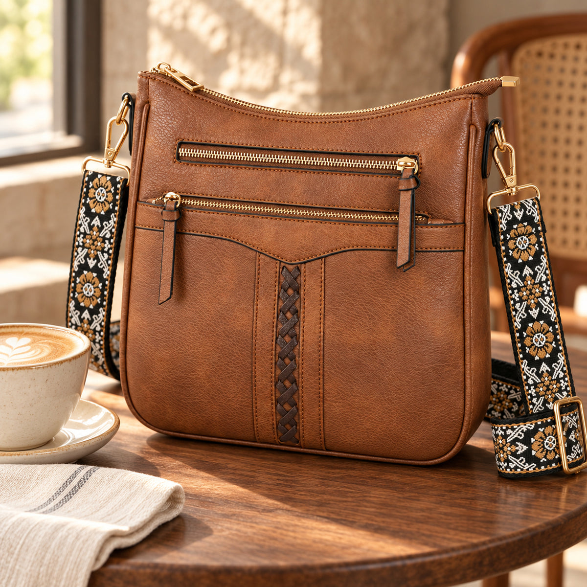 Cognac Brown Ramble crossbody bag on a warm cafe table beside a cappuccino.