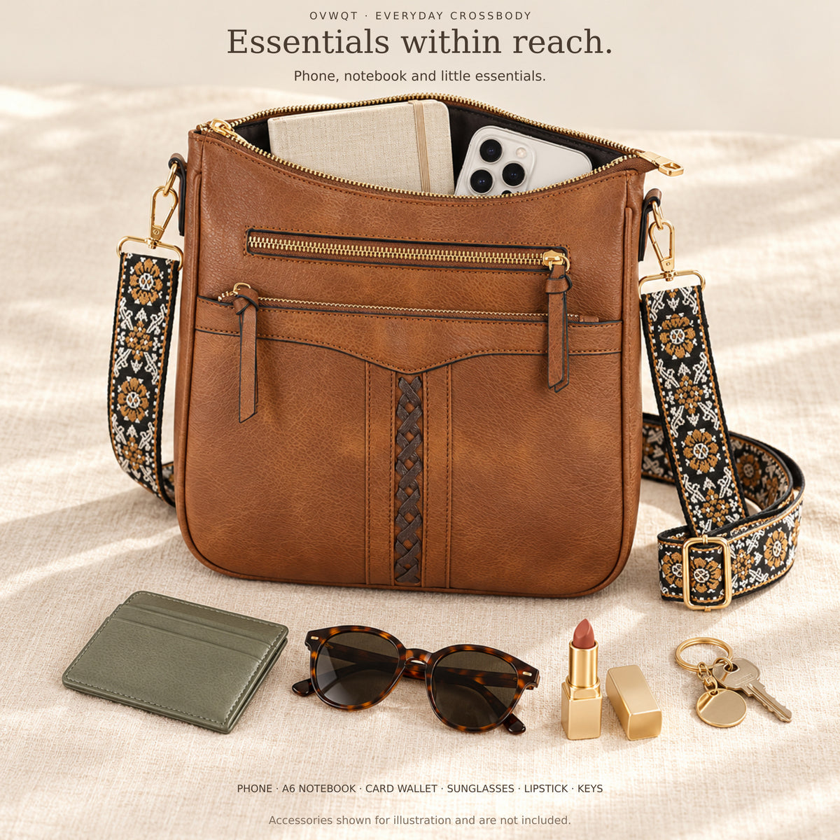 Ramble crossbody daily storage with phone and small notebook; accessories shown for scale.