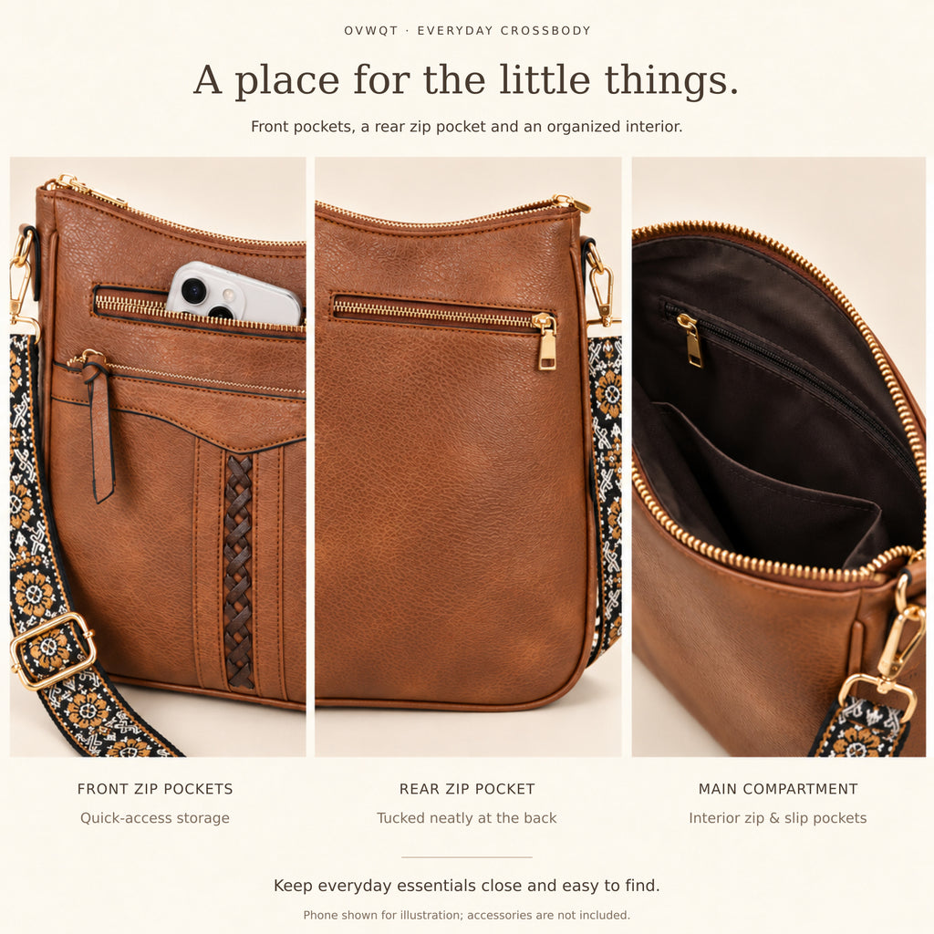 Ramble crossbody front zip pockets, rear zip pocket and organized interior.