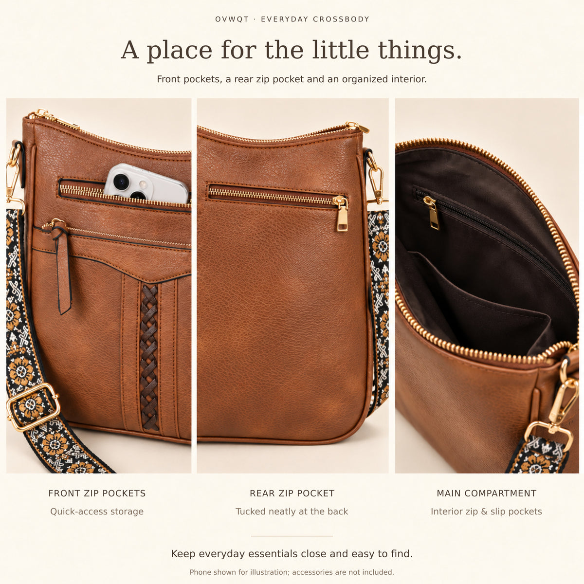 Ramble crossbody front zip pockets, rear zip pocket and organized interior.
