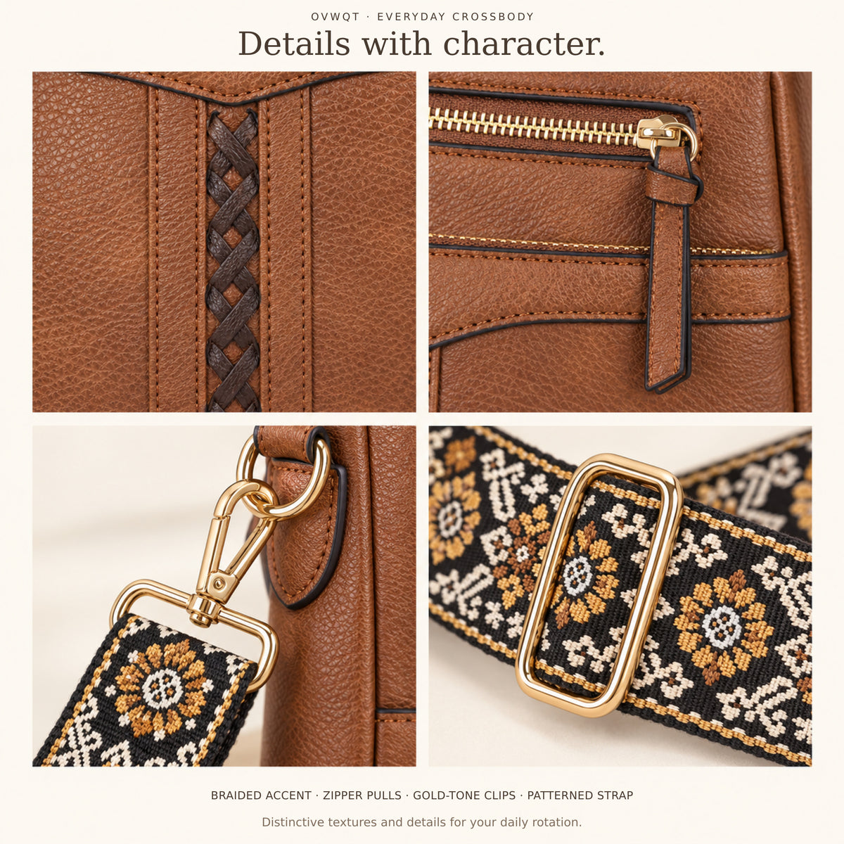 Close-up of the braided accent, zipper pulls, gold-tone clips and adjustable woven strap.