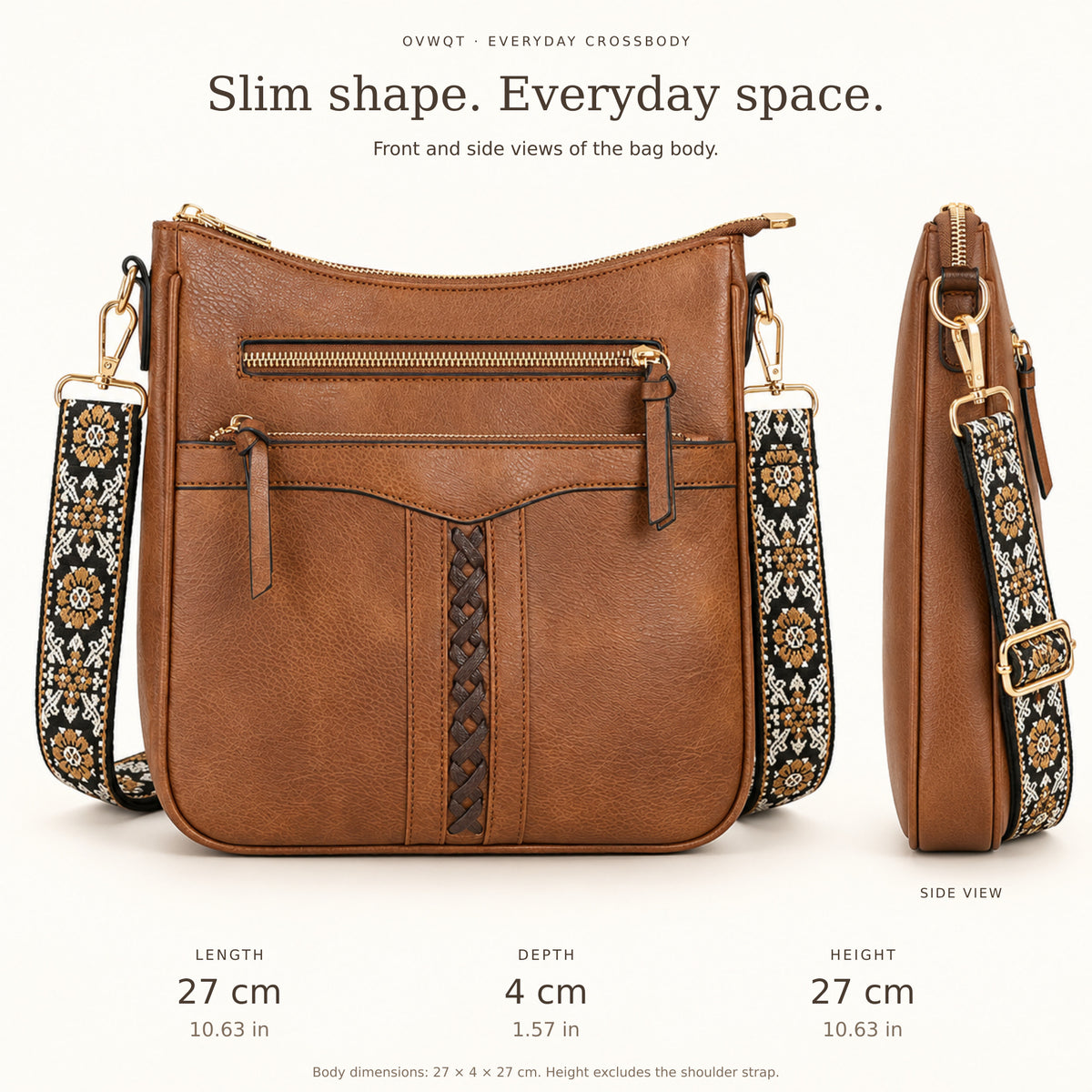 Ramble bag dimensions: 27 cm length, 4 cm depth and 27 cm height; shoulder strap excluded.