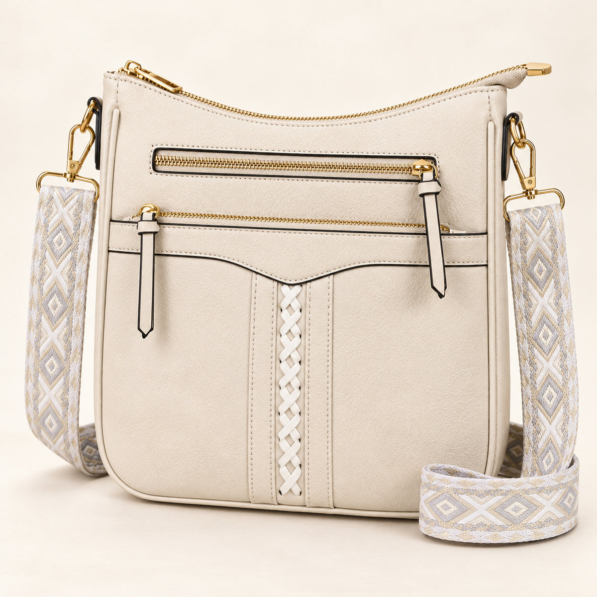 OVWQT Ramble Braided Crossbody Bag in Cream with ivory braided accent and pale geometric strap.