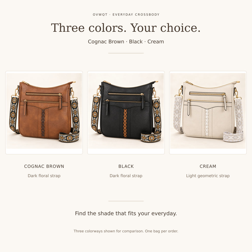 Ramble crossbody color comparison: Cognac Brown, Black and Cream with coordinating woven straps.