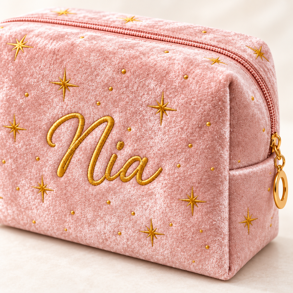 Close-up of gold name embroidery, star details, velvet texture and zipper pull.