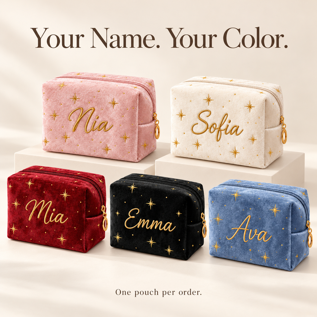 Five star velvet makeup bag colors with example personalized names; one pouch per order.