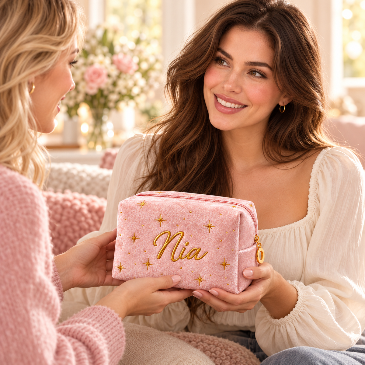 Two adult friends sharing a personalized blush pink star velvet makeup bag as a gift.
