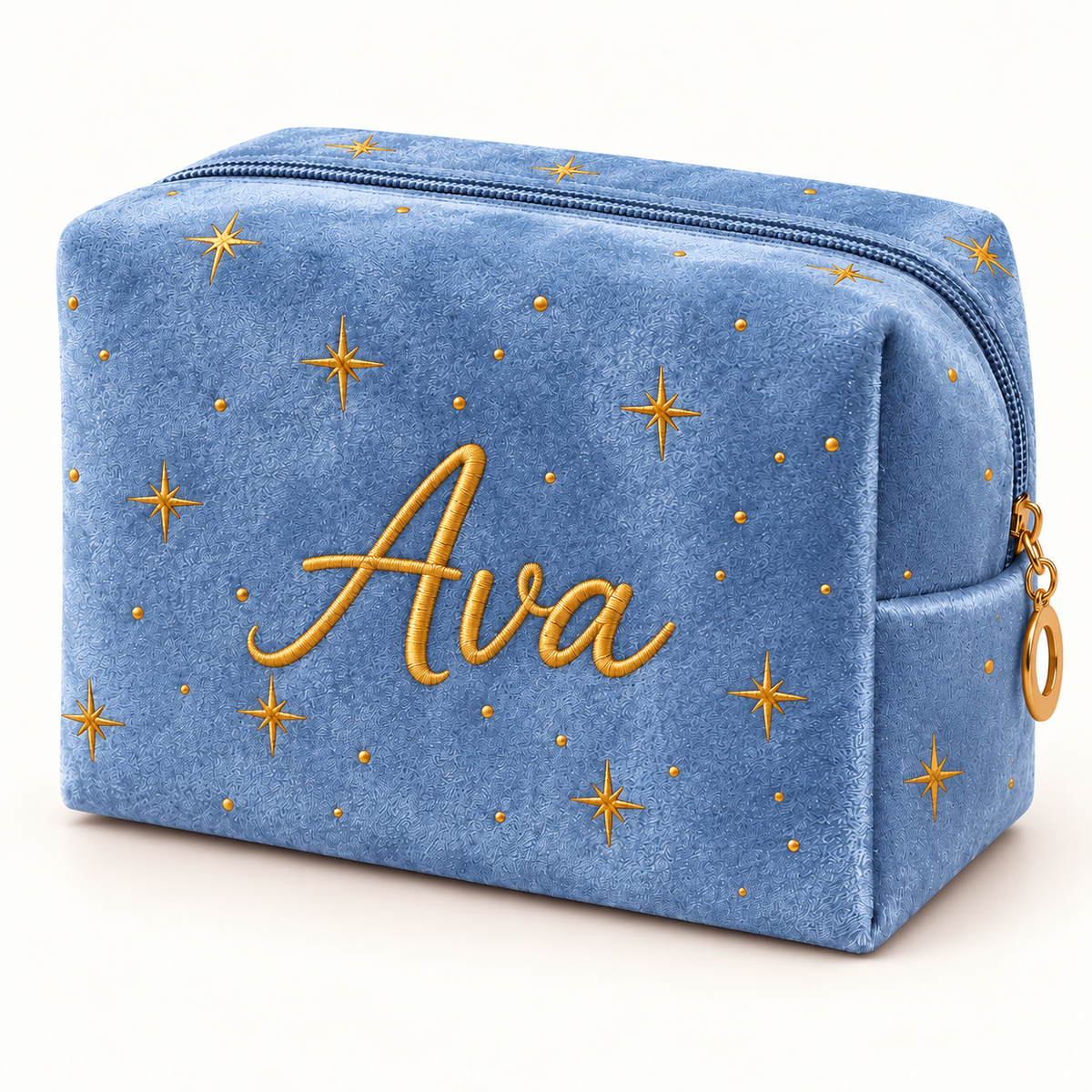 Dusty Blue personalized star velvet makeup bag with gold name embroidery.